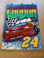 Vtg. Handmade NASCAR Jeff Gordon 24 Dupont Rainbow Car Latch Hook Hanging Rug