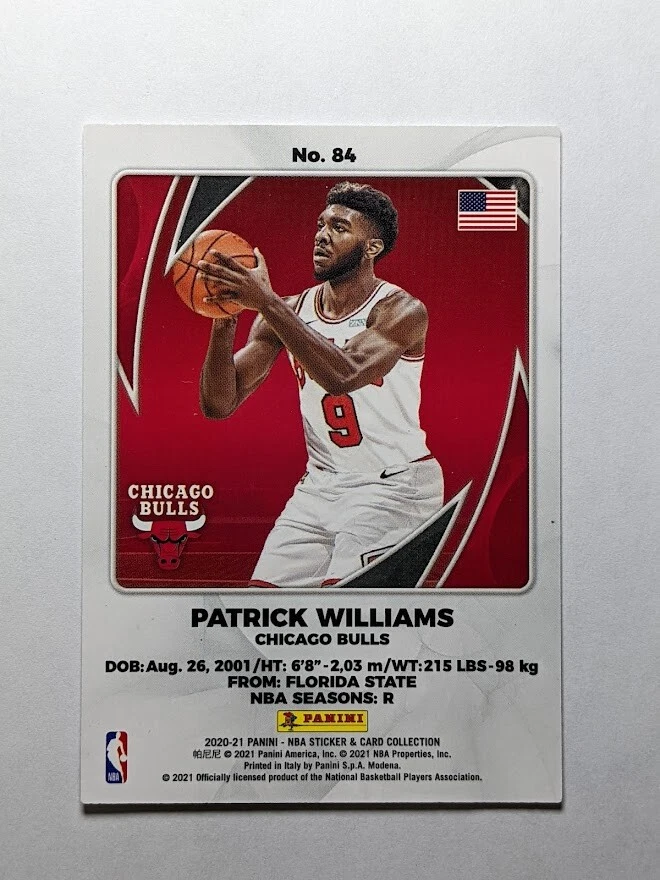 PATRICK WILLIAMS 2020-21 Panini Sticker Collection SILVER FOIL CARD RC Bulls #84 - Image 2 of 2