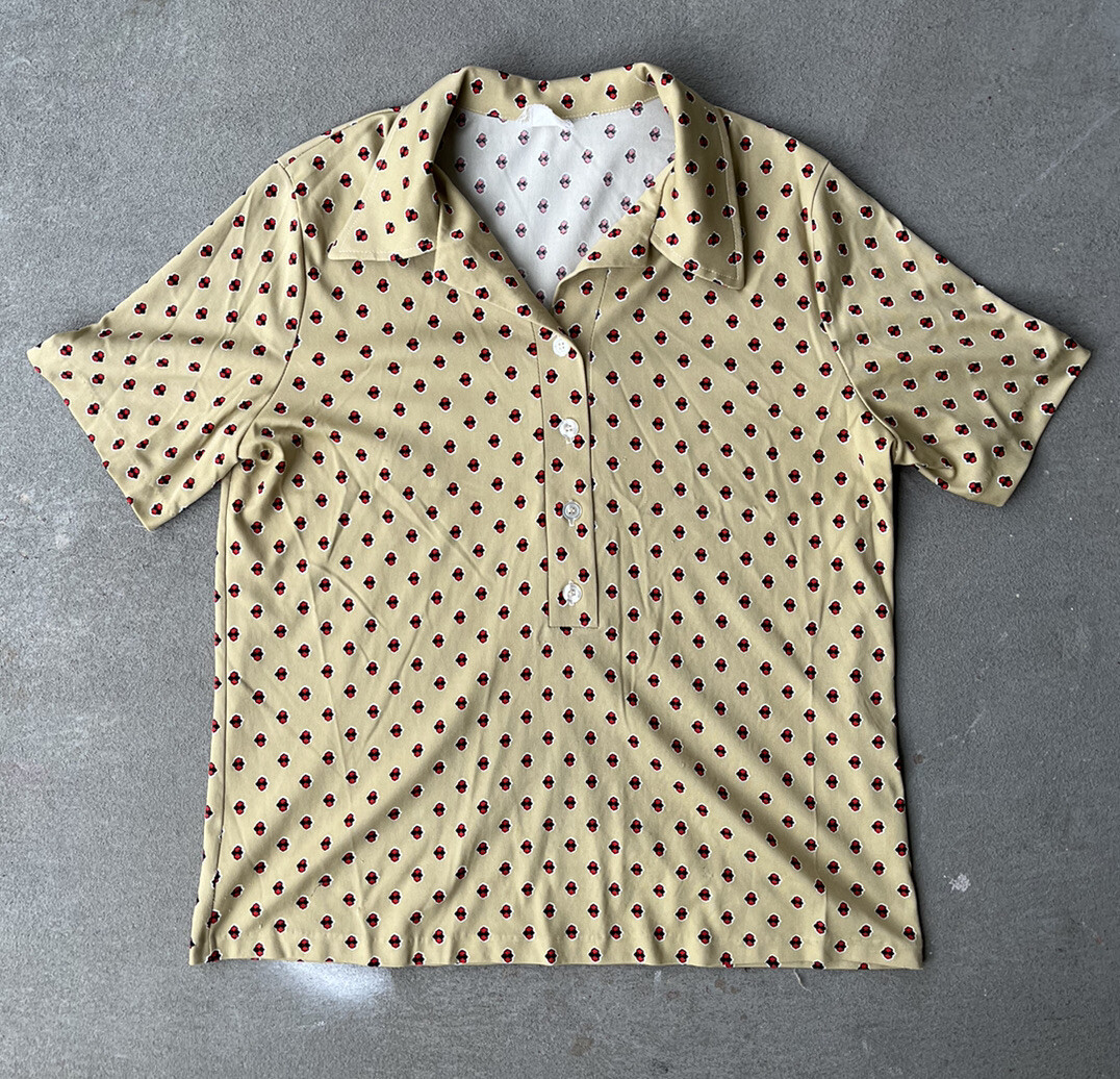 Vintage 70s Polyester Half Button Pullover Tan Re… - image 1