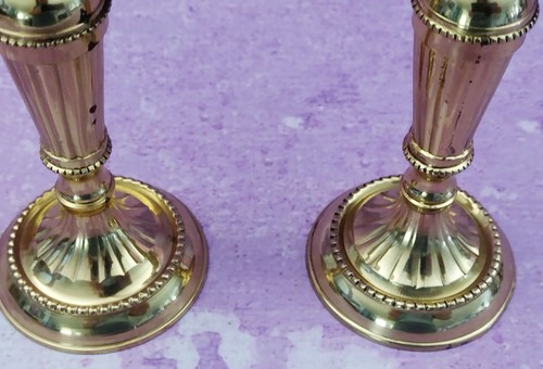 Brass Candlesticks Candle Holders Shiny Ribbed Beaded Vintage 6.25 Inches Tall - Picture 3 of 7