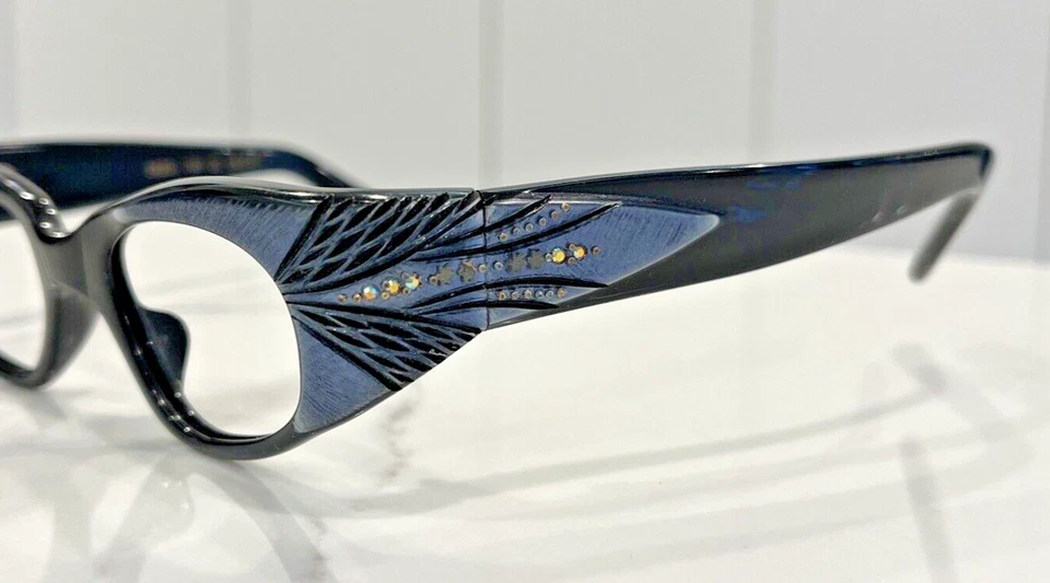 Marco de gafas vintage para mujer Cateye Swank Francia 44x20 azul negro estrás Foto 2 de 4