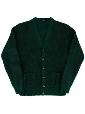 Vintage Retro Style Bottle Green Waffle Knit V-Neck Men's Cardigan