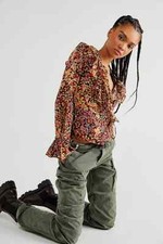 Free People Amanda Ruffle Top Long Sleeve Flower Print Brown Size XS BNWT RRP�88