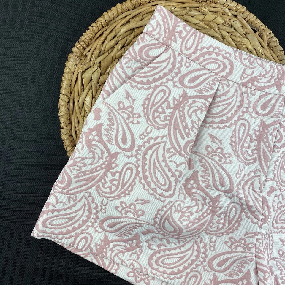 Pantalones Cortos de Vestido Victoria Beckham Para Mujer Talla 10 Rosa Blanco Brocado Paisley Plisado Foto 2 de 4