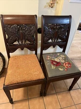 Antique Victorian Renaissance Carved Winged Griffin Pair Of Chairs