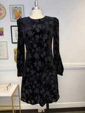 Calvin Klein Black Floral Velvet A Line Long Sleeve Elegant Flattering Dress Sz6
