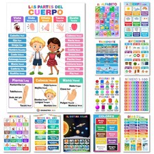 12 Spanish English Bilingual Educational Posters Water Proof Learning Chart for