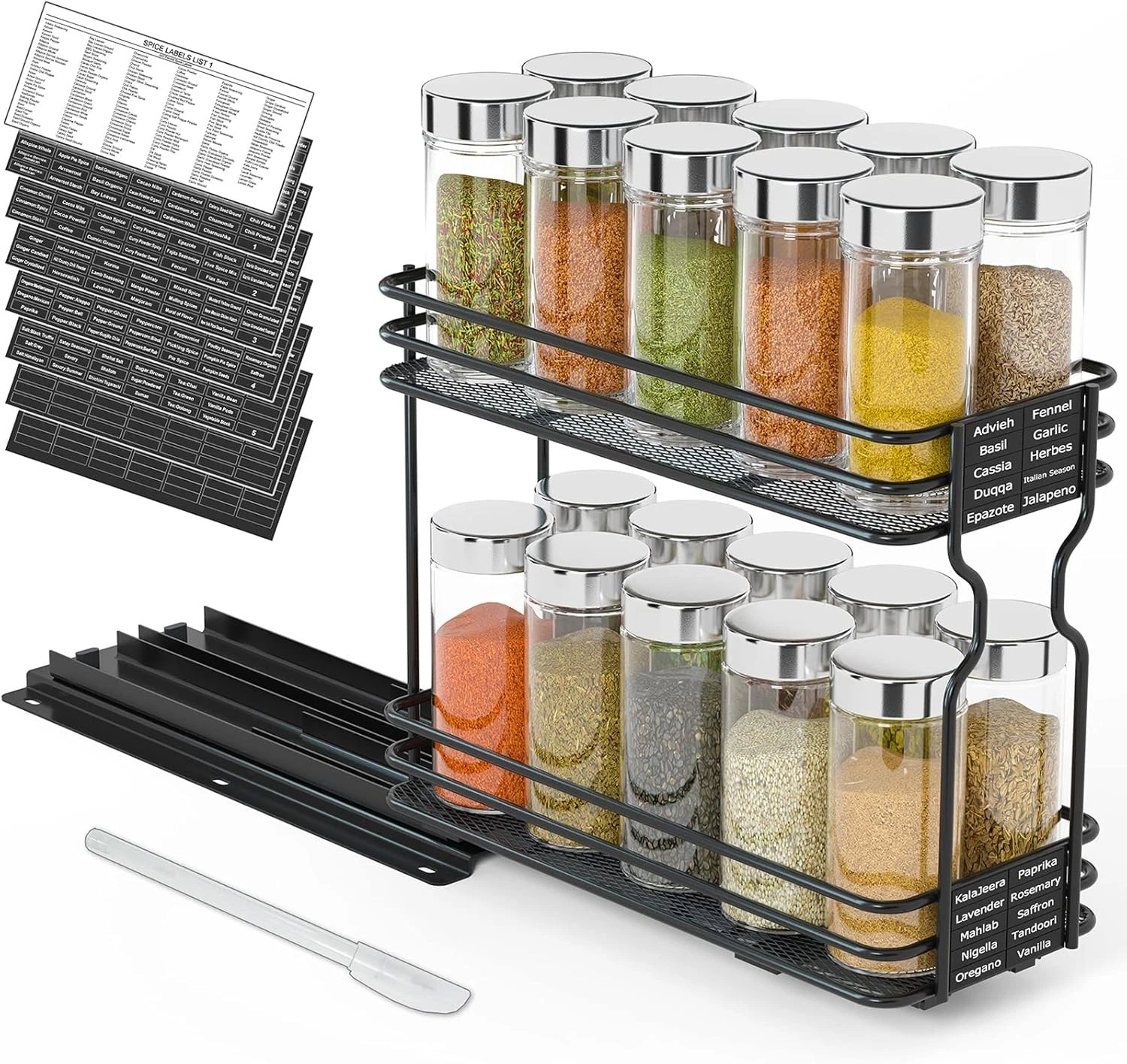 SpaceAid Pull Out Spice Rack Organizer for 4.5"W, 2-Tier, Black, Black