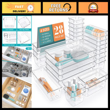 28 PCS Clear Plastic Drawer Organizer Set - 4 Sizes for Makeup, Jewelry, Kitchen