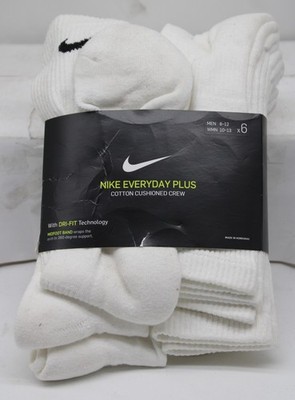 Nike Everyday Plus Cushion Crew Socks WHITE 6 Pack New w Defect SZ 8-11 MENS LRG