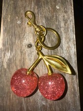Cherry Bag Charm KeyChain Glitter resin and Gold Brass Pink Cherry Bag Chain
