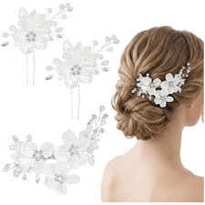 3 PCS Bridal Flower Wedding Hair Pins Rhinestone Pearl Clips Headpiece Bride