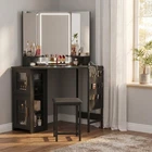 Corner Vanity Desk Set with LED Lighted Mirror, Charging Station,Storage Cabinet
