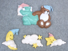 VTG 1991 Burwood Nursery Rhyme Wall Hang Moon  Star Sleeping Bea W/ Hats Clouds