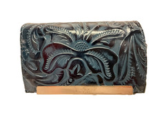 PATRICIA NASH CAMETTI Leather Trifold Wallet Clutch TOOLED BLUE FLORAL NWTS