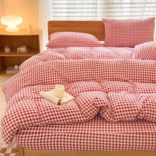Red Gingham Duvet Cover Set Twin, Grid Simple Geometric Square Pattern Comfor...
