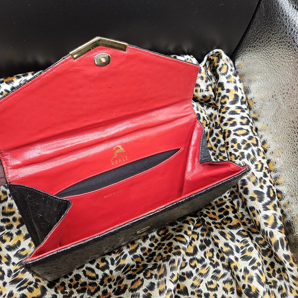 Bolso de mano vintage Koret piel de avestruz con asa superior forro negro rojo RARO Foto 3 de 4
