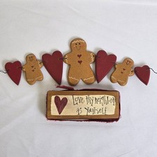 Rustic Wooden Gingerbread Cookie Heart Decor, Wire Garland and Wooden Sign