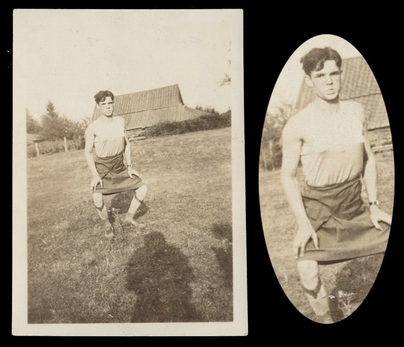 POINTY BREASTS SQUATTING POSE TRANS WOMAN FARM MAN~ 1930s PHOTO