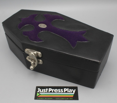 Vintage Y2K Hot Topic Black Gothic Coffin Jewelry Box w/ Purple Cross & Lining