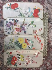 Vintage Asian Silk Paintings Panels Birds and Flowers X4
