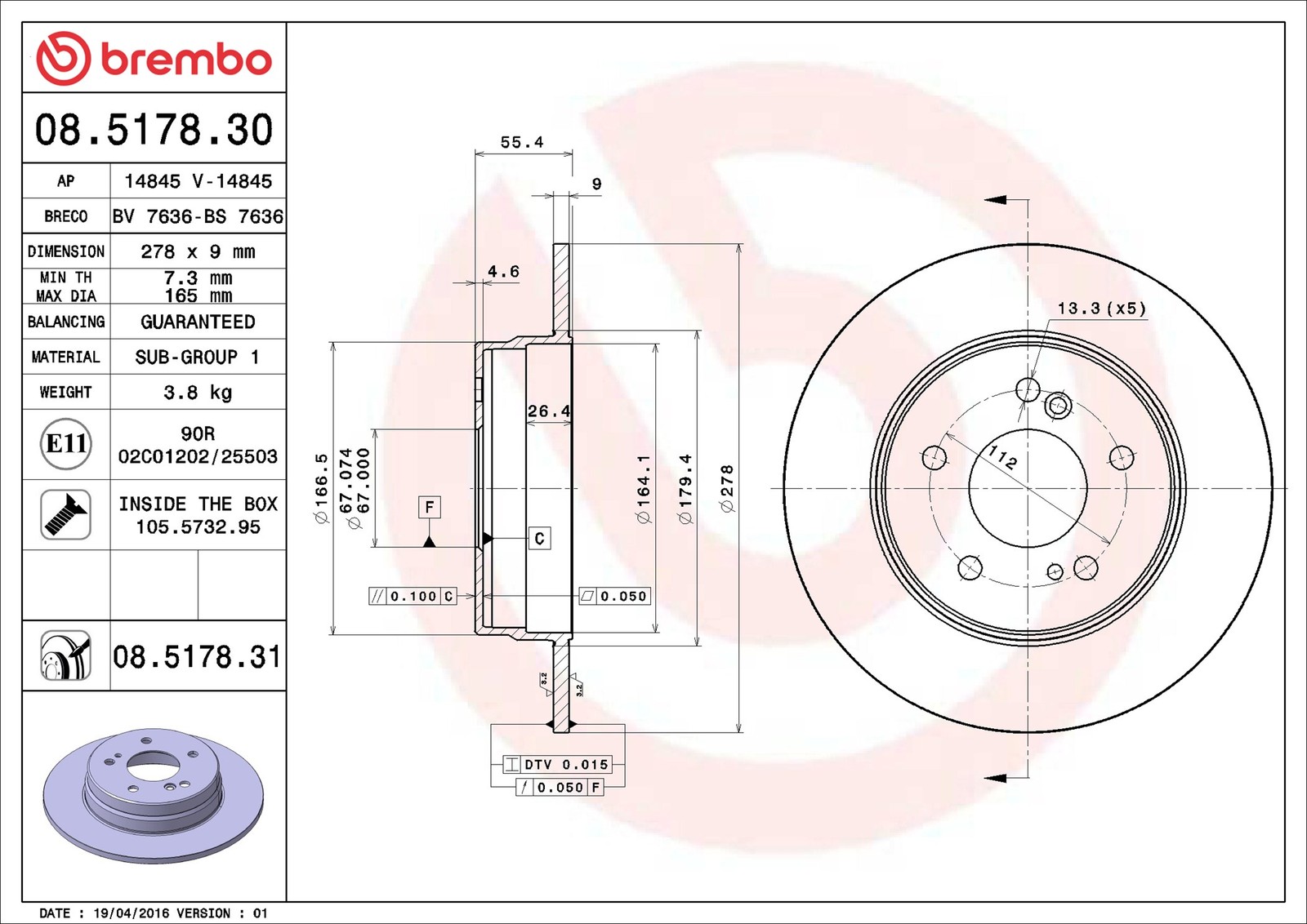 2x Bremsscheibe voll 08.5178.31 BREMBO für MERCEDES-BENZ CHRYSLER - Bild 11