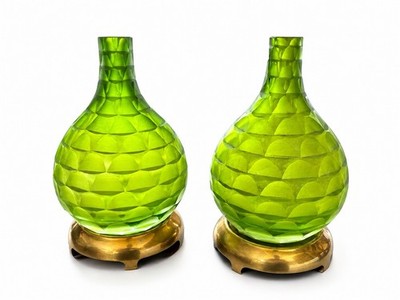John Richard 9  Blown Glass Bright Chartreuse Green Bottle Neck Vases, A Pair