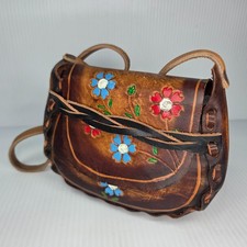 Vintage 70s Leather Hand Tooled Painted Flower Boho Hippie Shoulder Bag "Mexico"