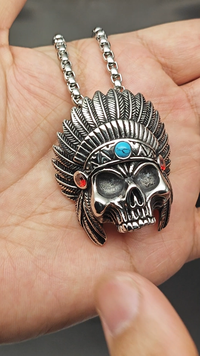 Heavy Retro Indian Chief Skull Necklace Pendant Stainless Steel