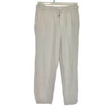 MNG Mango Womens Sz Small Pants High Rise Minimalist Beige Drawstring 100% Linen