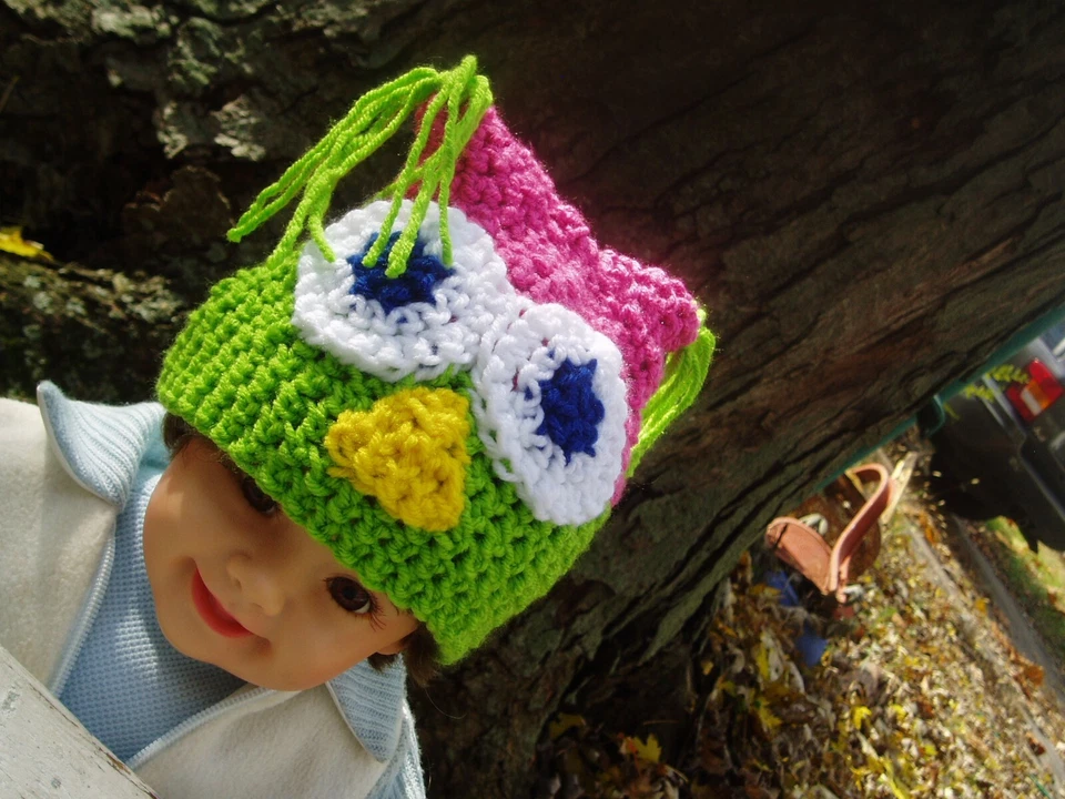Crochet Owl Hat 3 - 6 Month Baby Girl Pink & Green Photo Prop Hat Handmade - Image 2 of 4