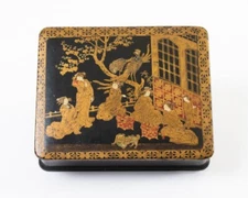 Antique Japanese Gold & Red Painted Black Lacquer Box Meiji Period 7" x 6"