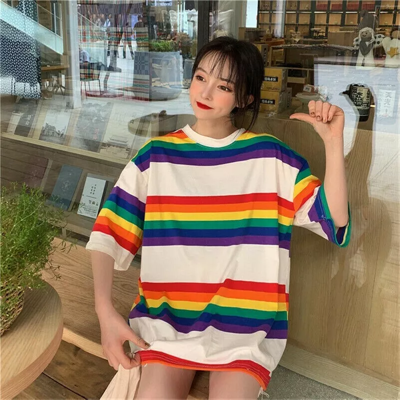 Rainbow T Shirt Women Striped Kawaii Clothes Harajuku Korean Style