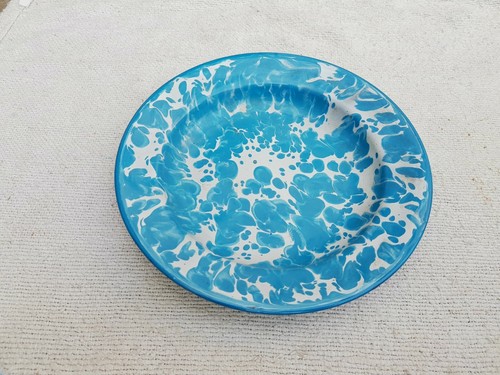 1930 Vintage Old 3 Pcs Blue White Green Shade Design Enamel Painted Plate IE48 - Picture 5 of 8