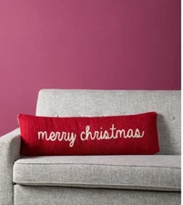 Christmas Pillow  Ho Ho Ho & Merry Christmas Reversible Mud Pie New Long Red