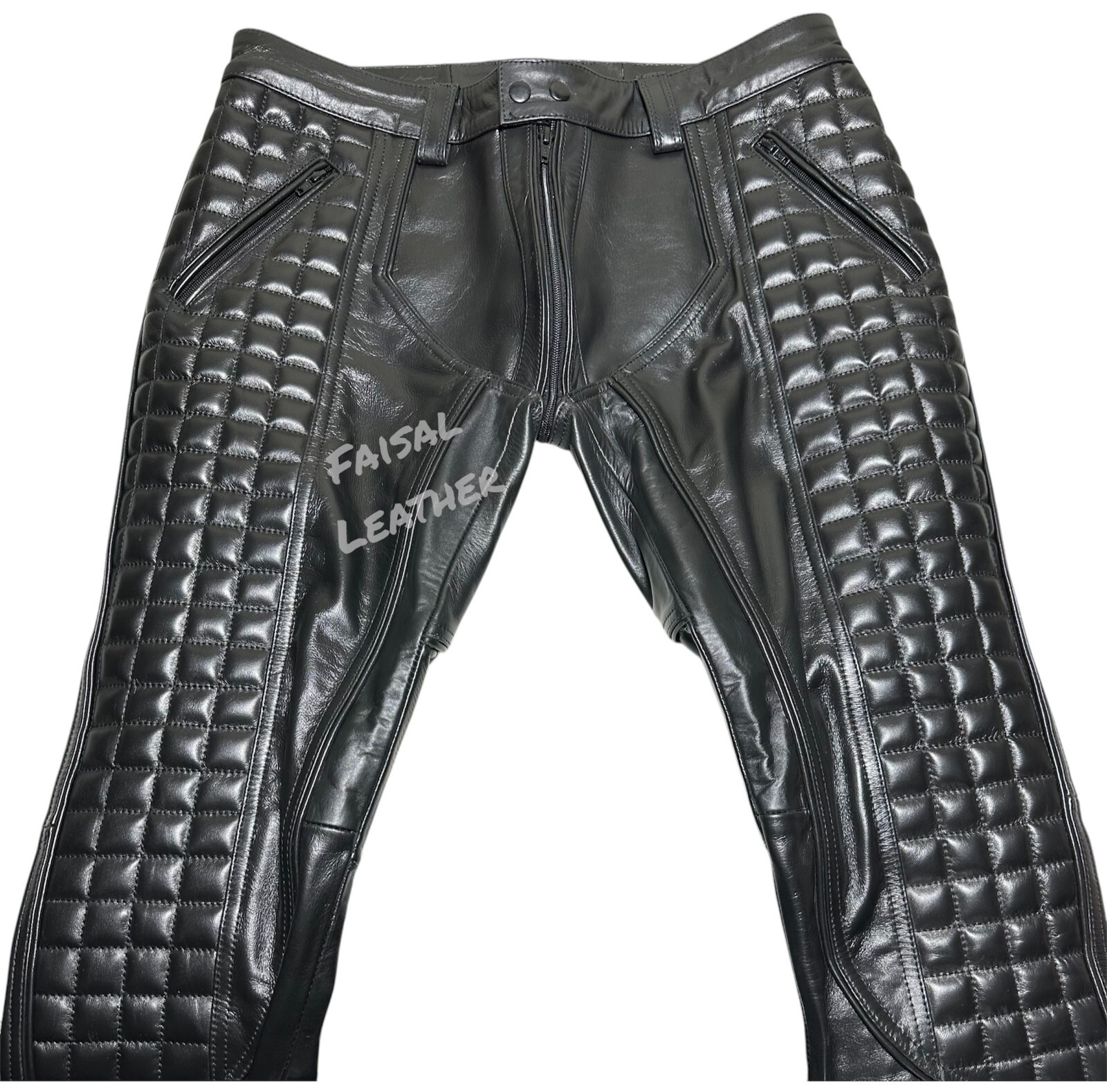 Mens Black Cow Leather Biker Quilted Gay Sexy Jeans Pants