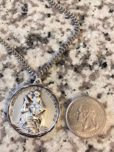 Large Saint Christopher Medal For Men Round Sterling Silver Necklace 24 ...