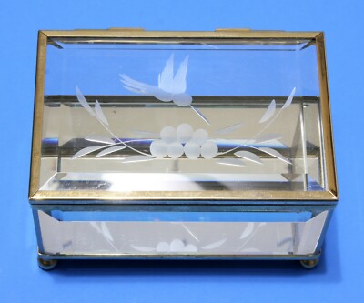 Casket Jewelry Box Vintage Etched Beveled Glass Rectangle Footed Brass Trim
