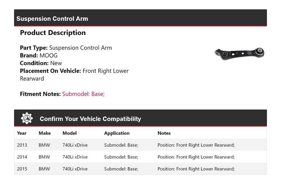 Brazo de control de suspensión MOOG 2013-2015 BMW 740Li xDrive 2013 2014 2015 Foto 2 de 4