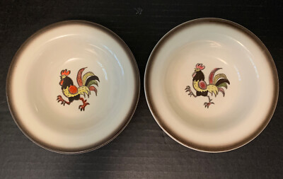 2 Metlox Poppy Trail Pottery Red Rooster Rimmed Fruit Dessert Bowl 6  Vintage US