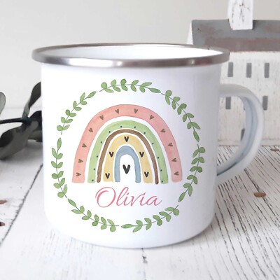 Personalisierte Emaille Camping Tasse, Regenbogen Tasse, Jungen Mädchen individueller Name Geschenk.