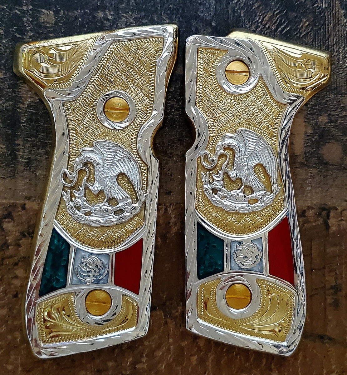 Mexican Flag Eagle Aguila Beretta 92fs gun grips pistol cachas 24k