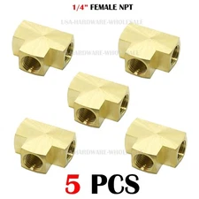 Brass Pipe Fitting, Barstock Tee, 1/4" x 1/4" x 1/4" NPT Female Pipe (5-Pack)