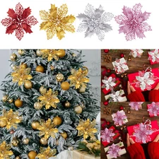 20Pcs Glitter Christmas Poinsettia Hanging Flowers Xmas Party Tree Decoration US