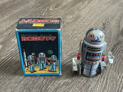 Tin Toy Wind Up Robot 7 Space Toy Mechanical Walking Vintage