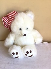 Vintage White Brown Fuzzy Teddy Bear Red Stripe Hat Plush Stuffed Animal Toy