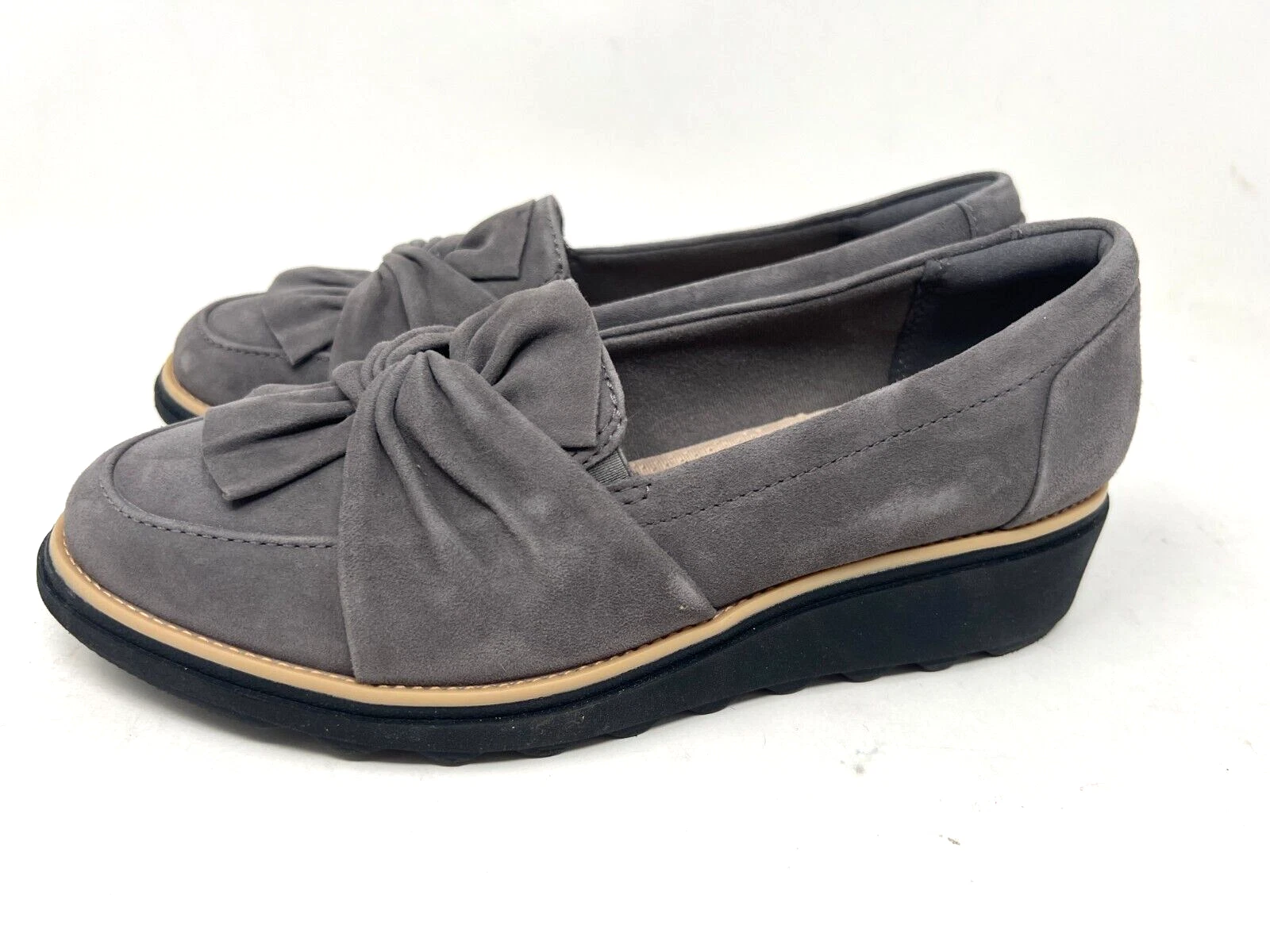 Mocassino Clarks Sharon Dasher 8 grigio scamosciato basse nodo zeppa pelle scarpa comoda