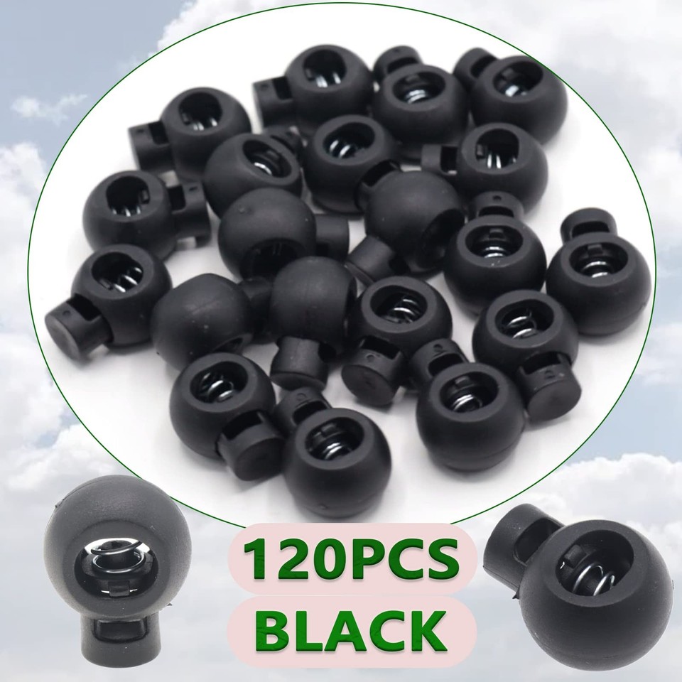 120pcs Black Plastic Single Hole Cord Locks, Round Toggle Spring Clips ...