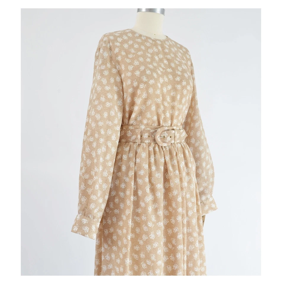 Conjunto de Blusa y Falda Floral Tostada Vintage Vestido Midi Plisado Completo Transparente con Cinturón S M Foto 3 de 4