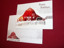 24 Boxed 3D Christmas Cards Large Red Foil Barn Glitter Snow Brown Fence